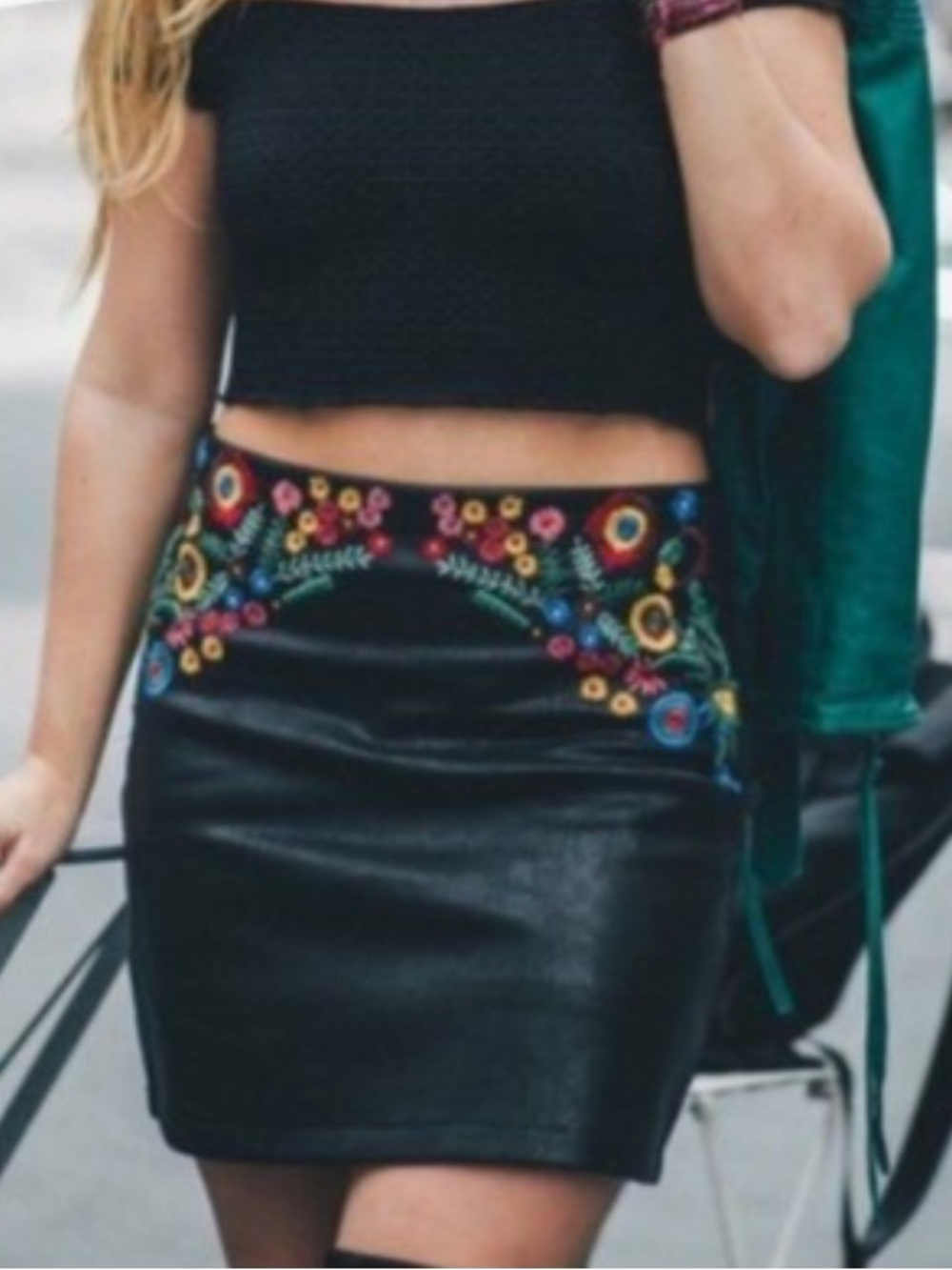 Zara | Black Faux Leather Mini Skirt with Multicolor Floral Embroidery
